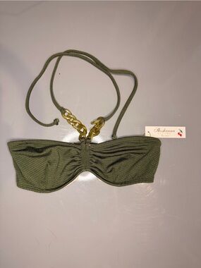 Shoshanna Olive Green Textured Bandeau Bikini Top with Chain Accent